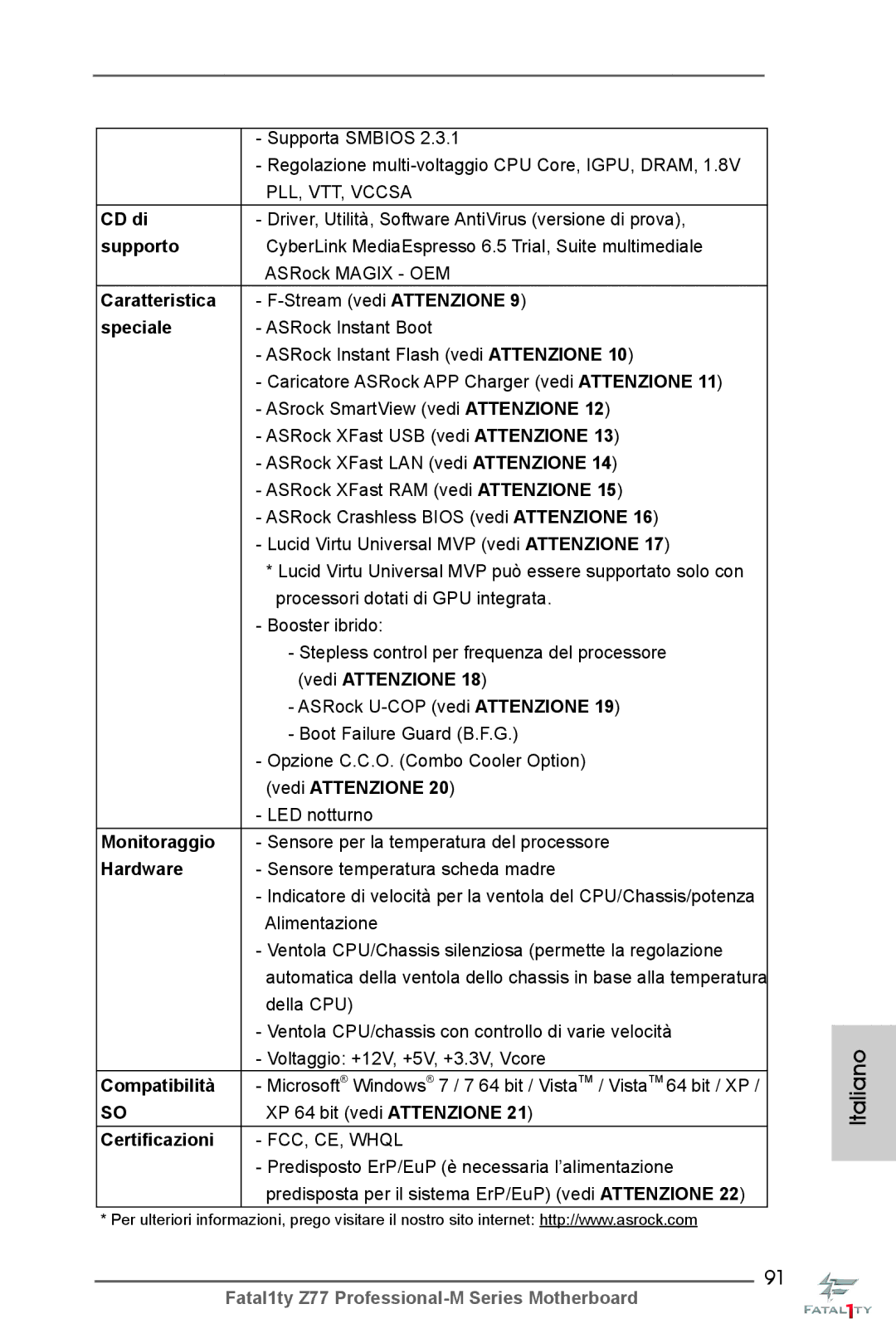 ASRock Fatal1ty Z77 Professional-M CD di, Supporto, Caratteristica, Speciale, Monitoraggio, Compatibilità, Certificazioni 