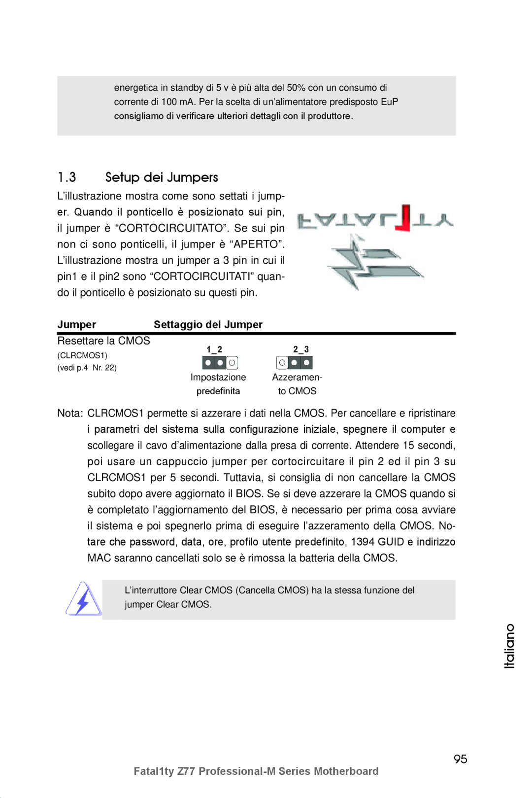 ASRock Fatal1ty Z77 Professional-M manual Setup dei Jumpers, Jumper Settaggio del Jumper, Resettare la Cmos 