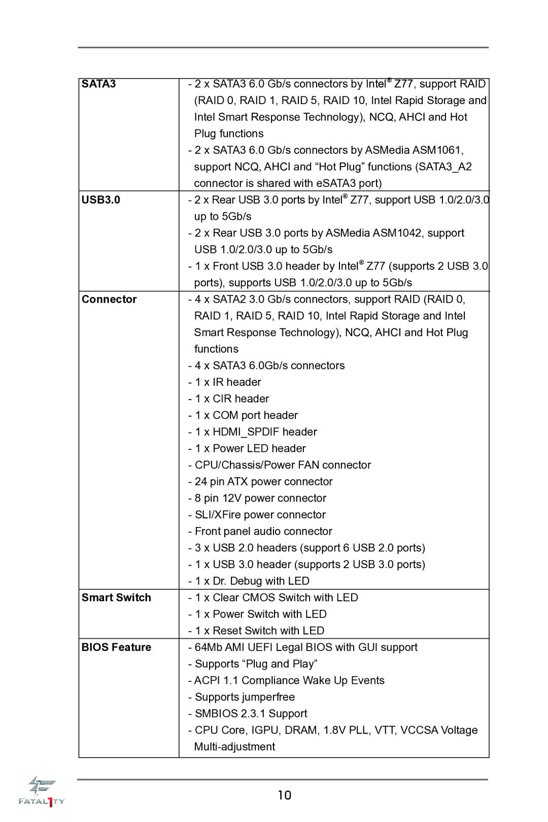 ASRock Fatal1ty Z77 Professional-M manual USB3.0, Connector, Smart Switch, Bios Feature 