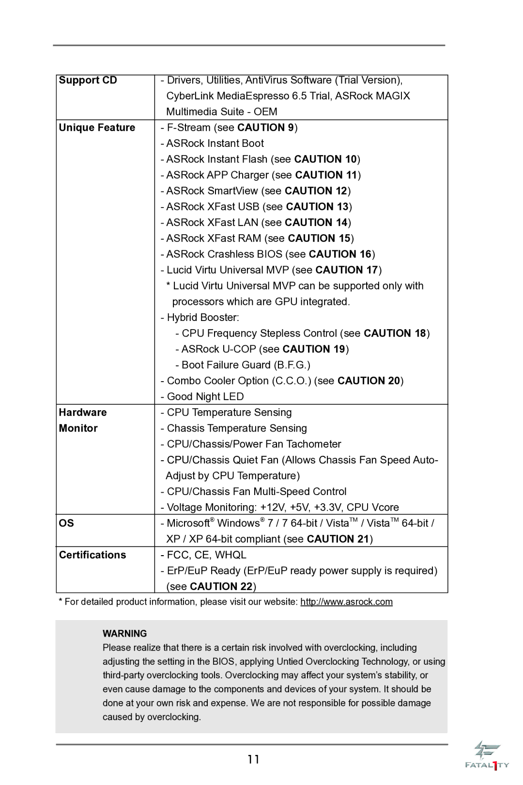 ASRock Fatal1ty Z77 Professional-M manual Support CD, Unique Feature, Hardware, Monitor, Certifications 