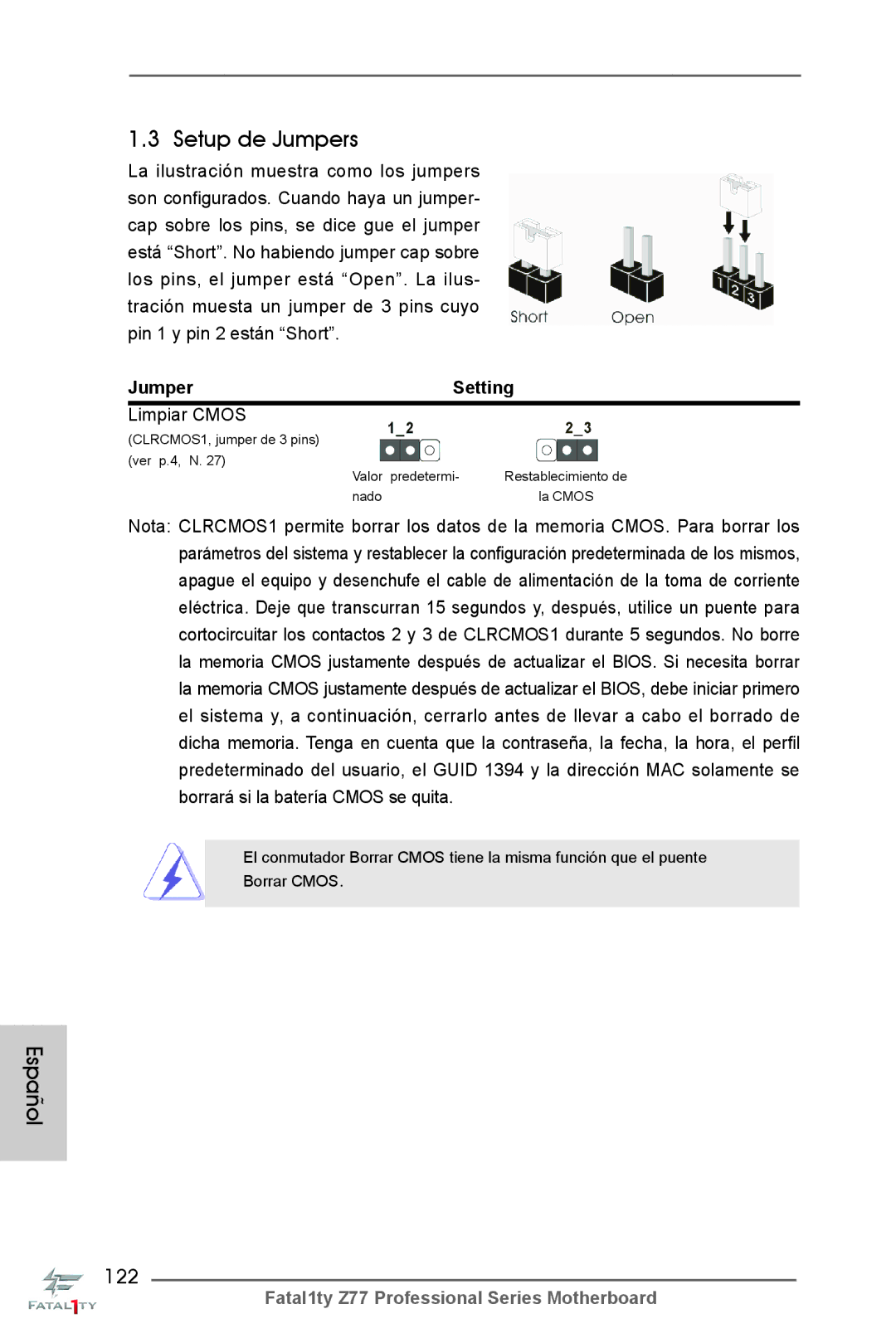 ASRock Fatal1ty Z77 Professional manual Setup de Jumpers, 122, Jumper Setting, Limpiar Cmos 