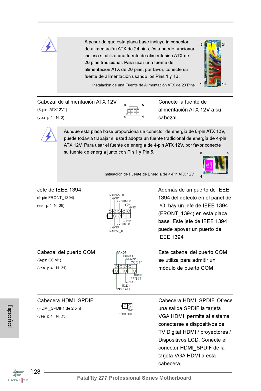 ASRock Fatal1ty Z77 Professional manual 128, Alimentación ATX 12V a su, Cabezal 