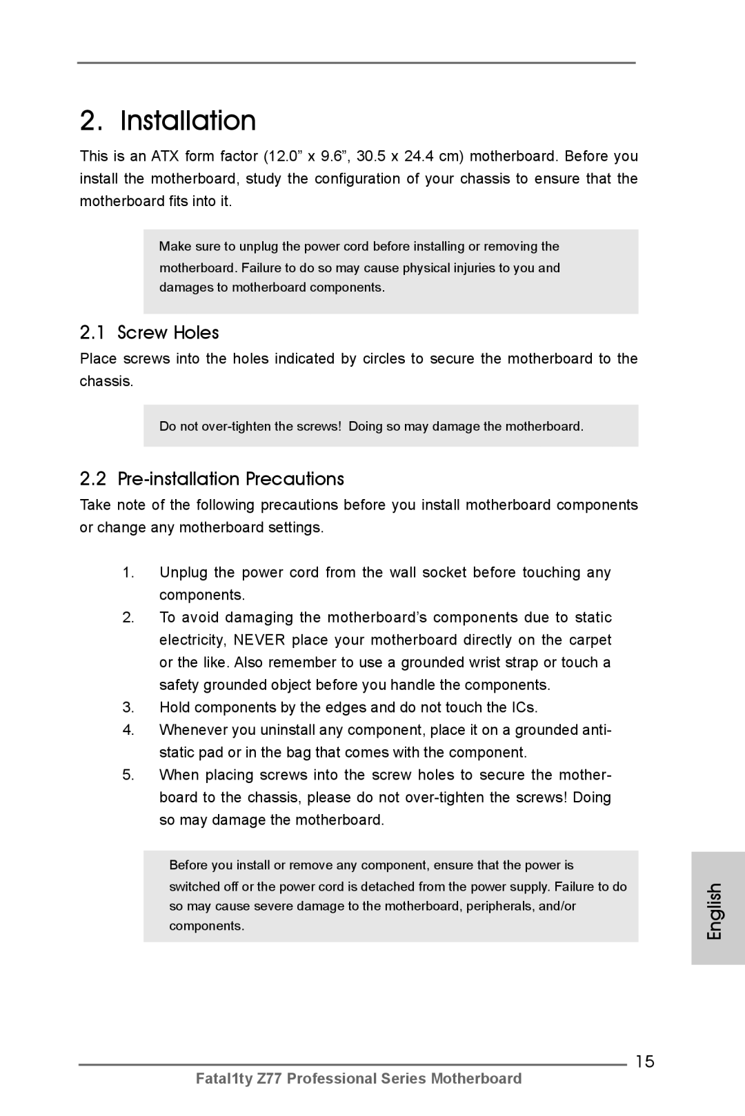 ASRock Fatal1ty Z77 Professional manual Screw Holes, Pre-installation Precautions 