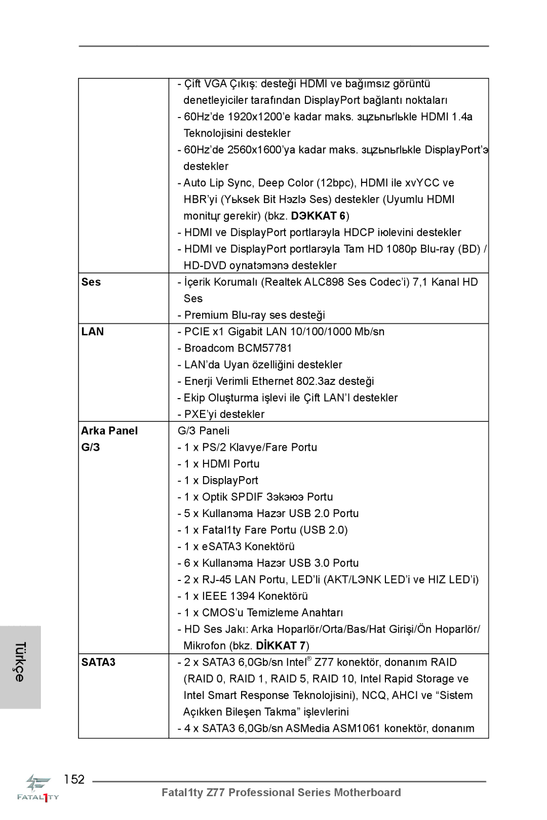 ASRock Fatal1ty Z77 Professional manual 152, Ses, Arka Panel 