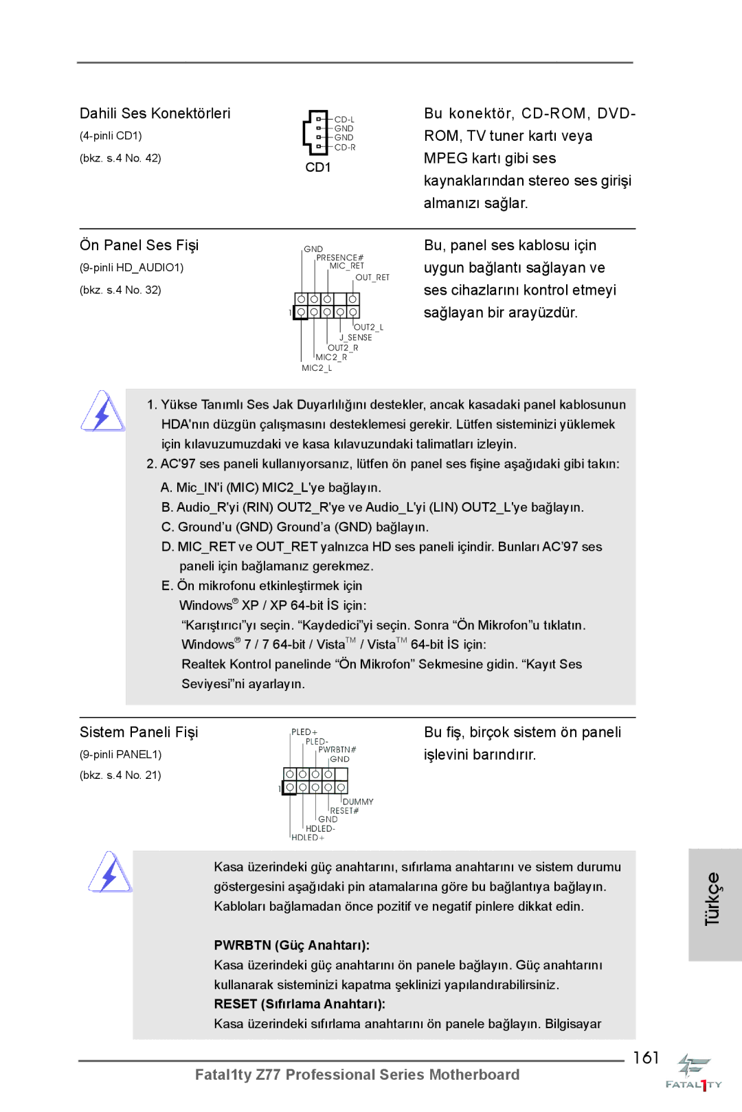 ASRock Fatal1ty Z77 Professional manual 161, Dahili Ses Konektörleri, Sistem Paneli Fişi, Işlevini barındırır 