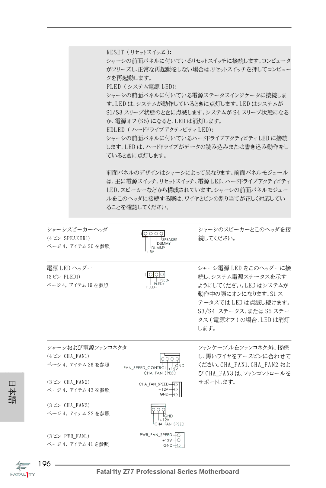 ASRock Fatal1ty Z77 Professional manual 196, Pled システム電源 LED 