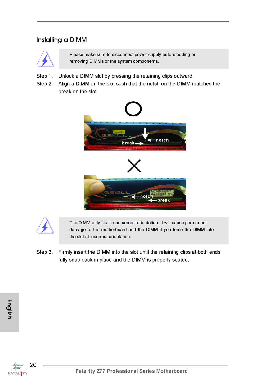 ASRock Fatal1ty Z77 Professional manual Installing a Dimm, Break Notch 