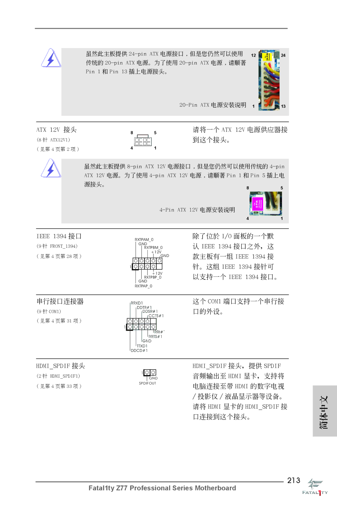 ASRock Fatal1ty Z77 Professional manual 213, ATX 12V 接頭, Hdmispdif 接頭 