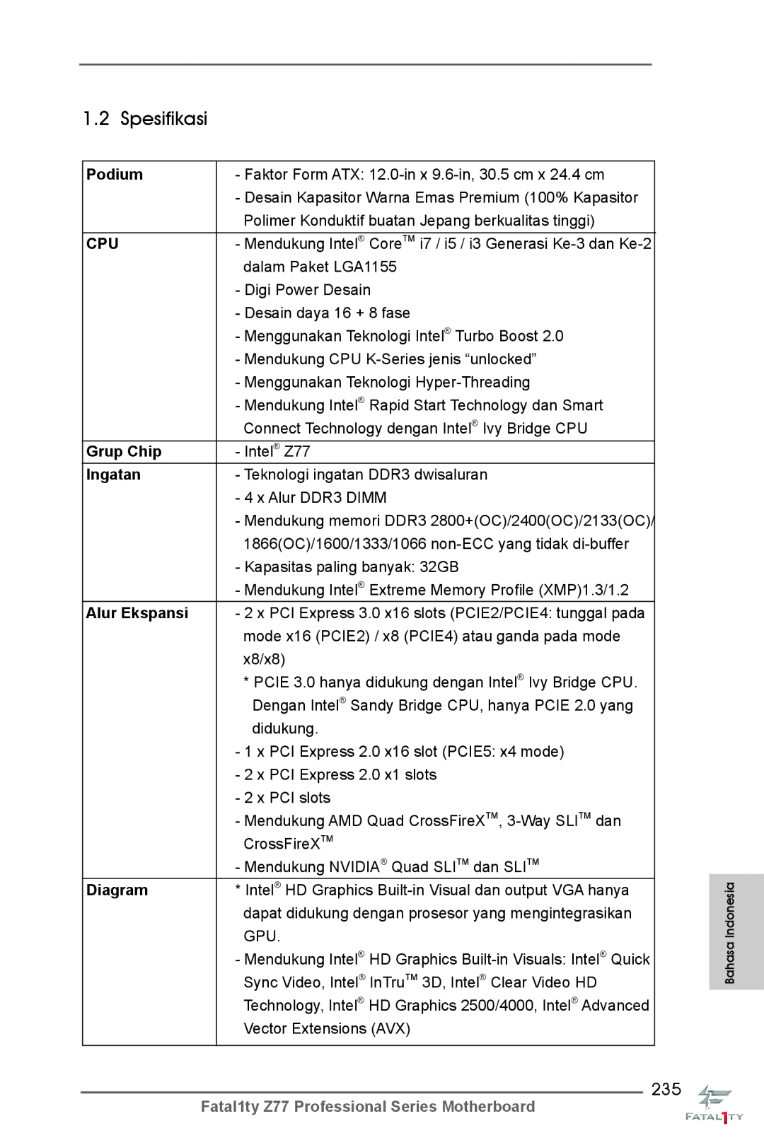 ASRock Fatal1ty Z77 Professional manual Spesifikasi, 235 