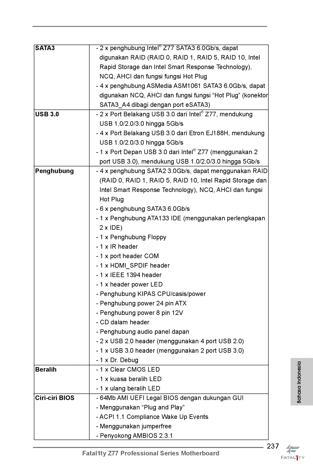 ASRock Fatal1ty Z77 Professional manual 237, Penghubung, Beralih, Ciri-ciri Bios 