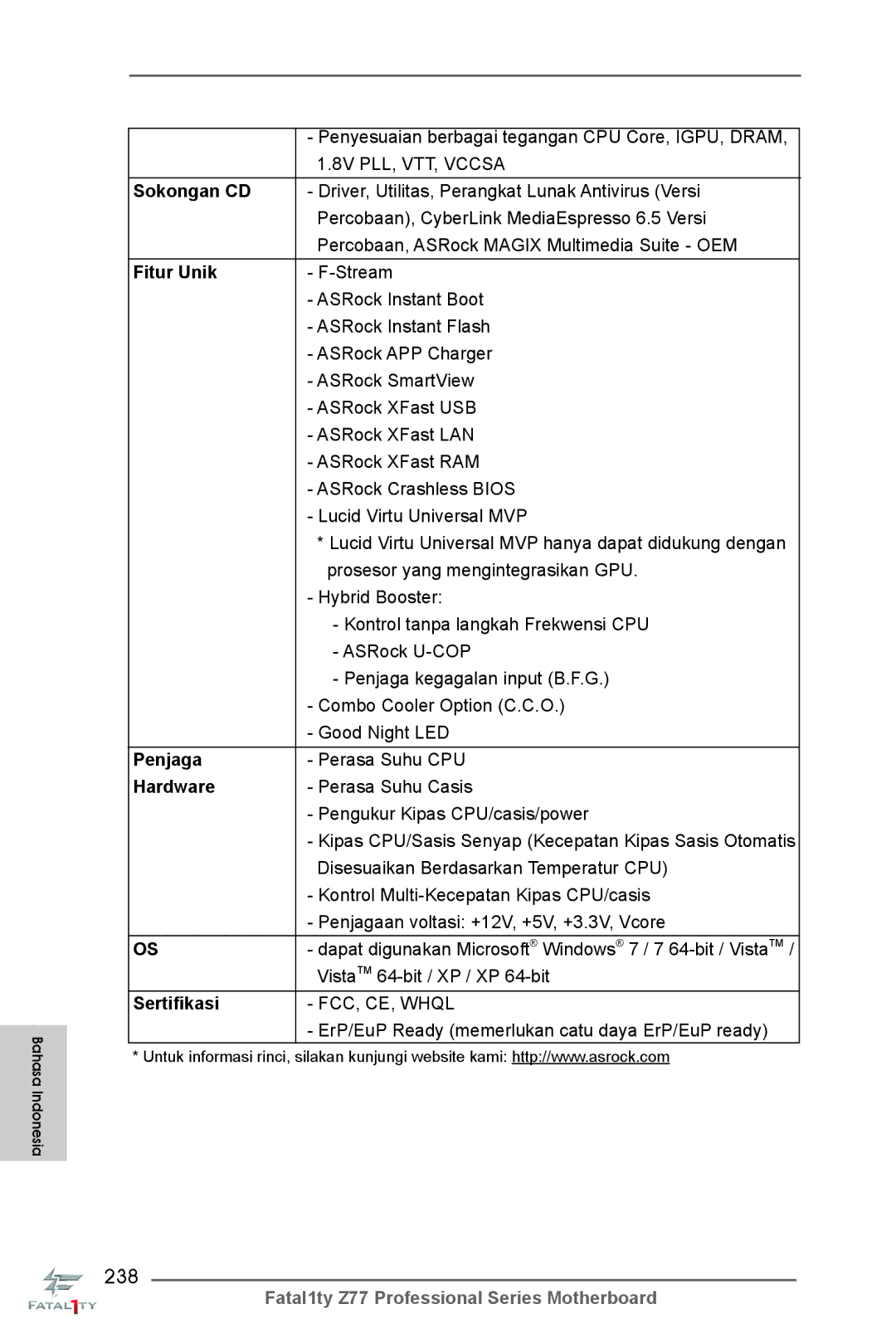 ASRock Fatal1ty Z77 Professional manual 238, Sokongan CD, Fitur Unik, Penjaga, Sertifikasi 