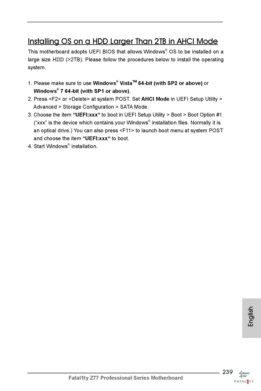 ASRock Fatal1ty Z77 Professional manual Installing OS on a HDD Larger Than 2TB in Ahci Mode, 239 