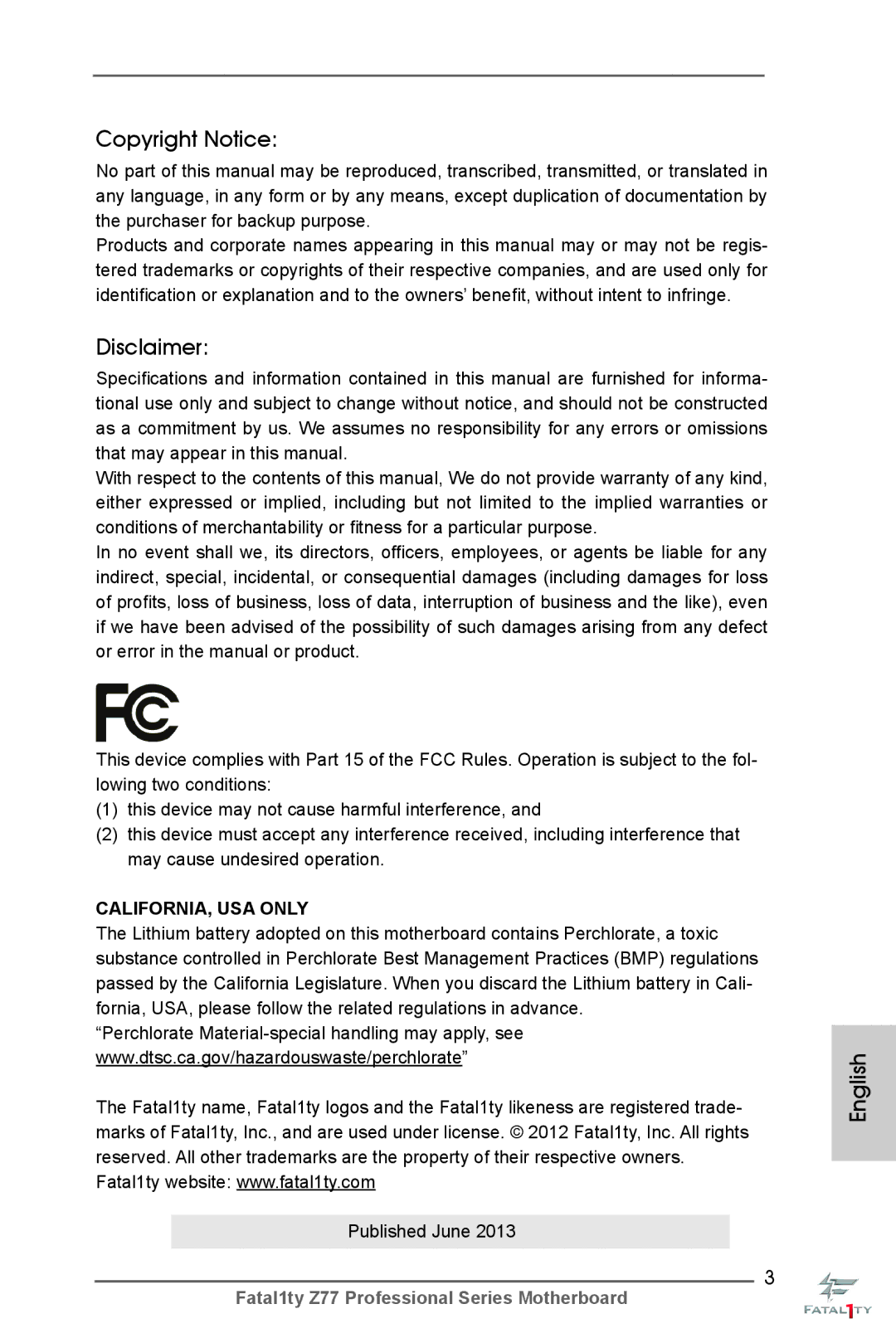 ASRock Fatal1ty Z77 Professional manual Copyright Notice, Disclaimer, Published June 