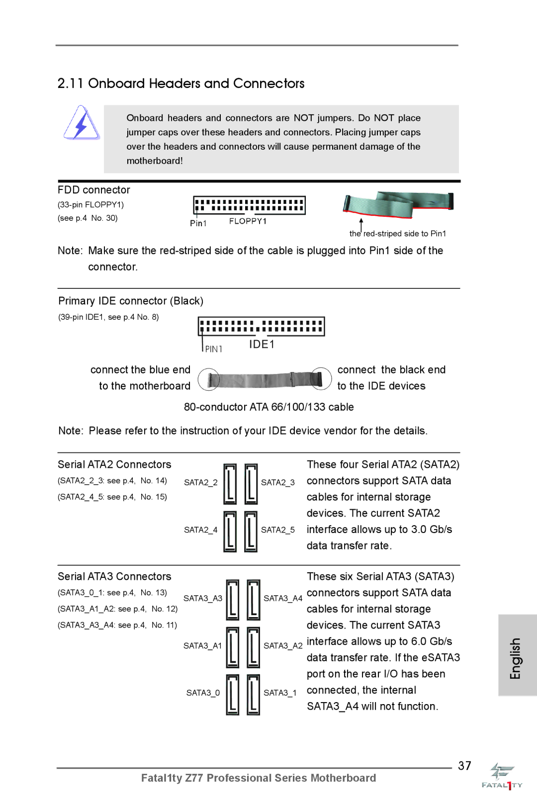 ASRock Fatal1ty Z77 Professional manual Onboard Headers and Connectors, FDD connector, Primary IDE connector Black 