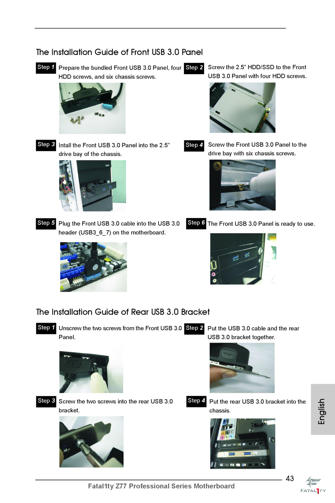 ASRock Fatal1ty Z77 Professional Installation Guide of Front USB 3.0 Panel, Installation Guide of Rear USB 3.0 Bracket 