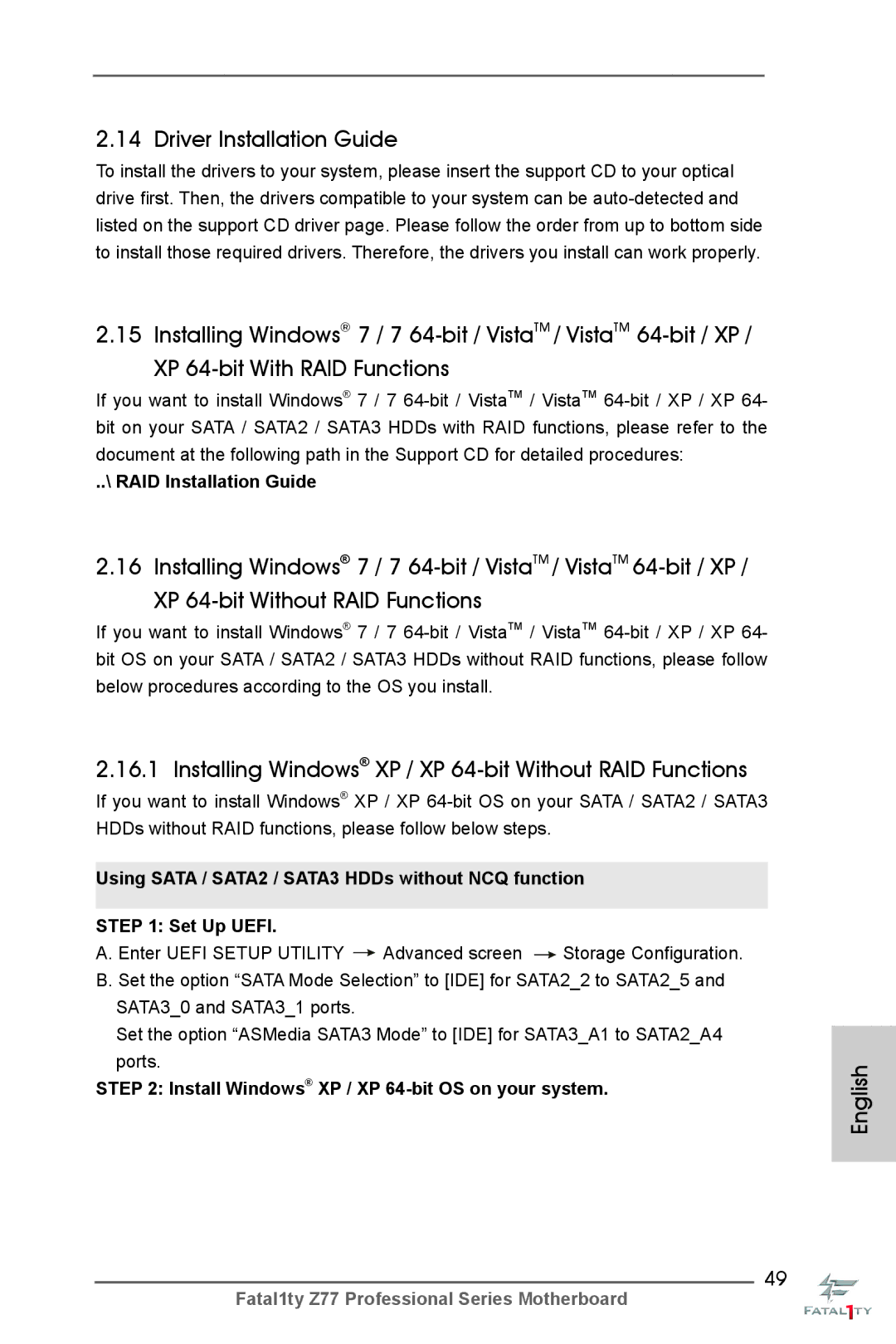 ASRock Fatal1ty Z77 Professional manual Driver Installation Guide, Installing Windows XP / XP 64-bit Without RAID Functions 