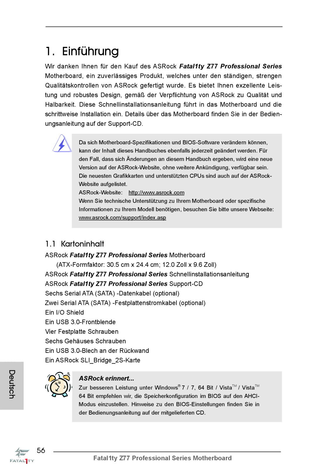 ASRock Fatal1ty Z77 Professional manual Deutsch, Kartoninhalt 