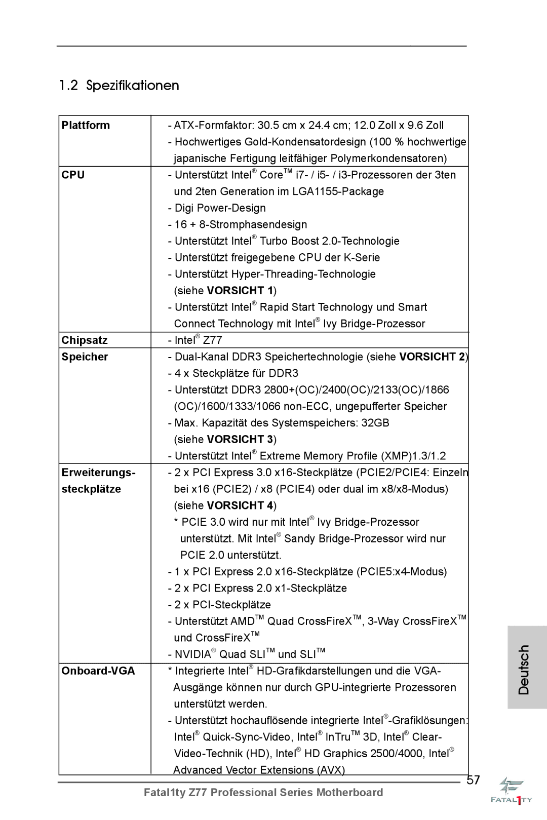 ASRock Fatal1ty Z77 Professional manual Spezifikationen 