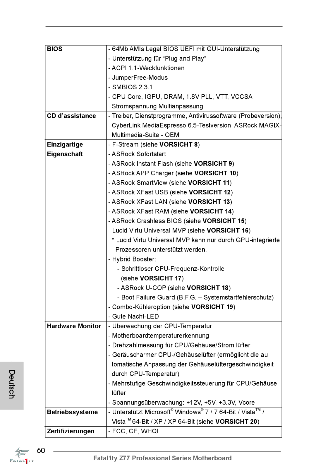 ASRock Fatal1ty Z77 Professional manual CD d’assistance, Einzigartige, Eigenschaft, Hardware Monitor, Zertifizierungen 