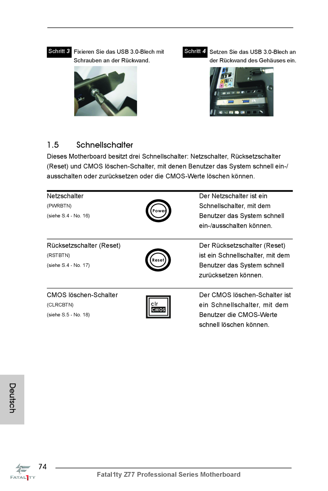 ASRock Fatal1ty Z77 Professional manual Ein Schnellschalter, mit dem, Benutzer die CMOS-Werte, Schnell löschen können 