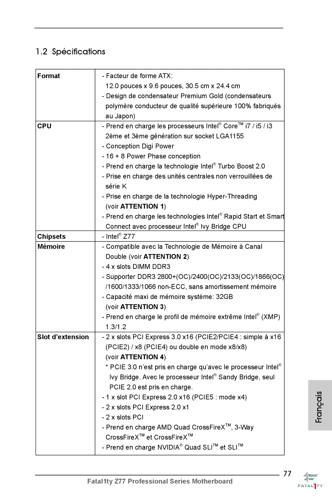 ASRock Fatal1ty Z77 Professional manual Spécifications 