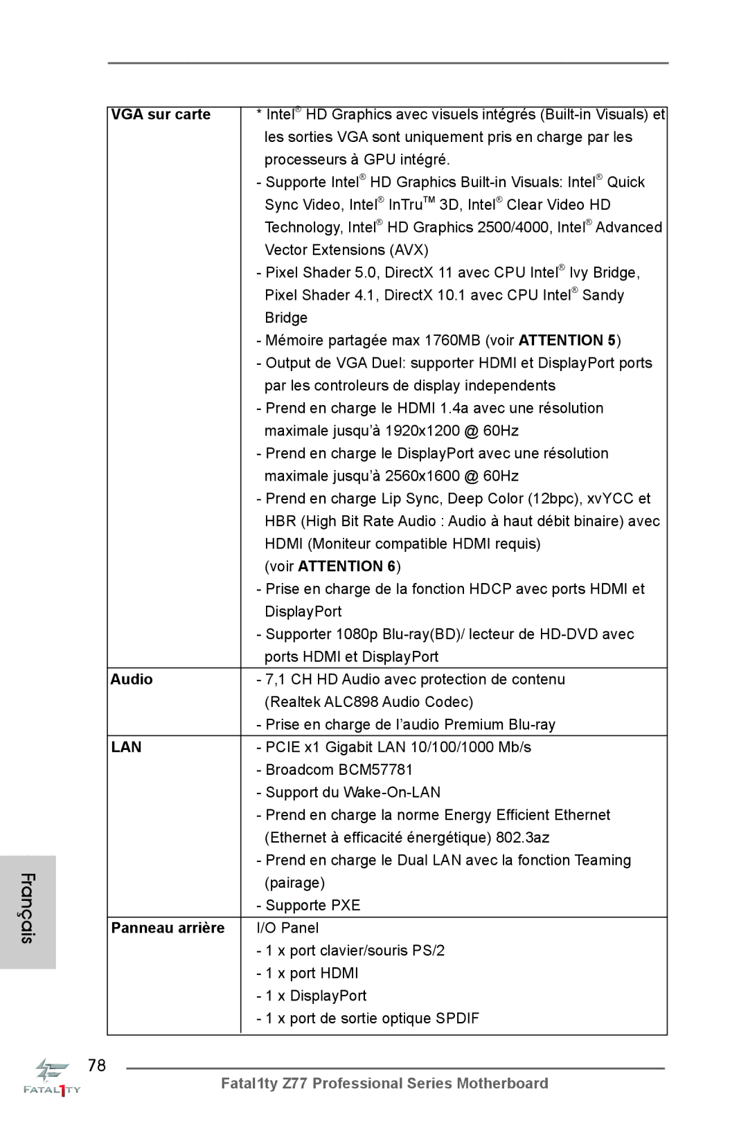 ASRock Fatal1ty Z77 Professional manual VGA sur carte, Pairage Supporte PXE, Panneau arrière 