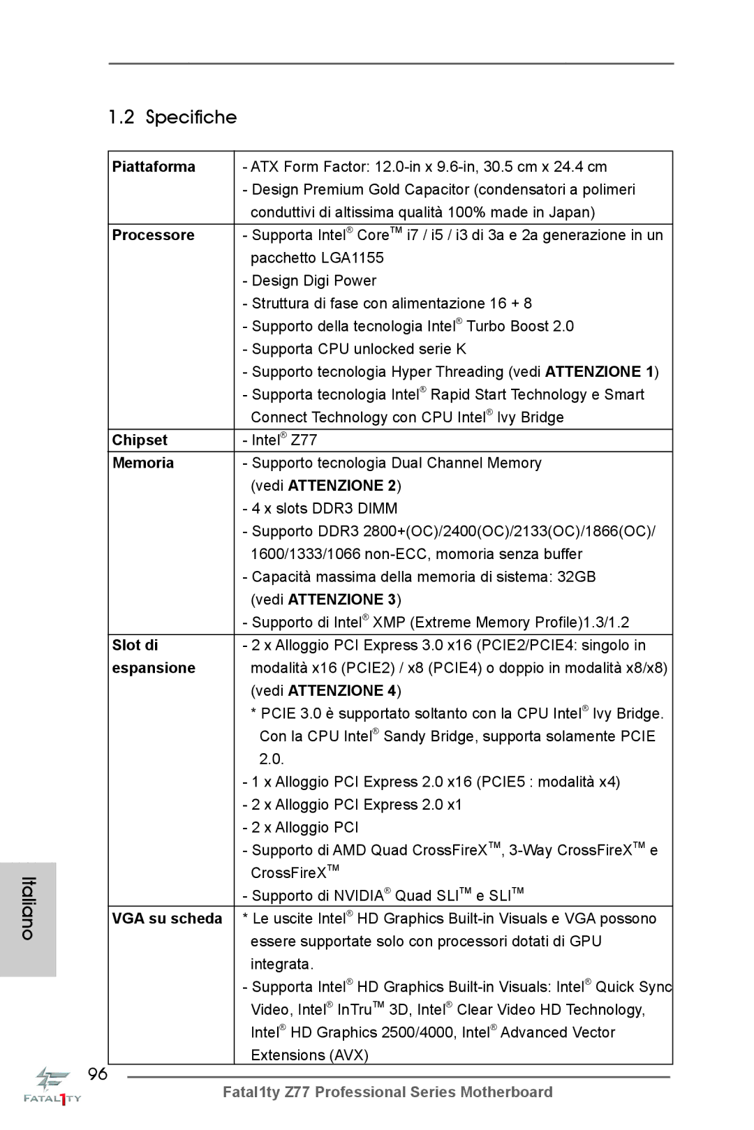 ASRock Fatal1ty Z77 Professional manual Specifiche 