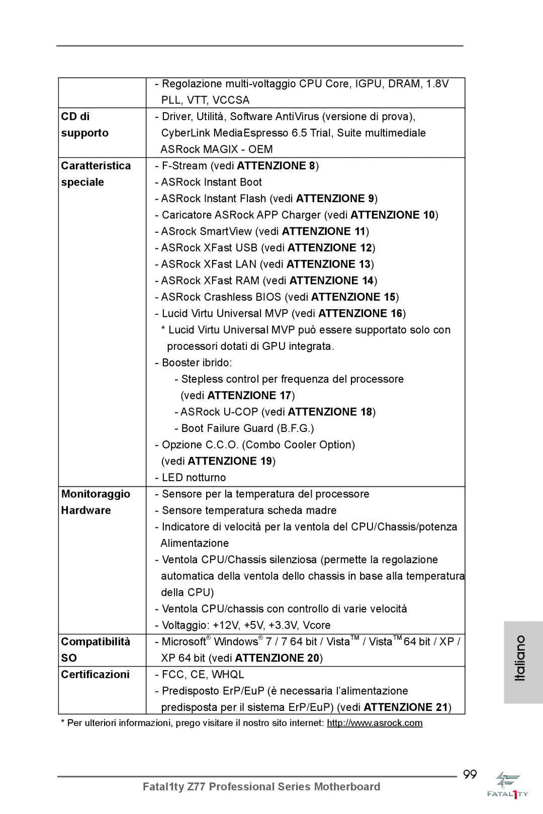 ASRock Fatal1ty Z77 Professional CD di, Supporto, Caratteristica, Speciale, Monitoraggio, Compatibilità, Certificazioni 