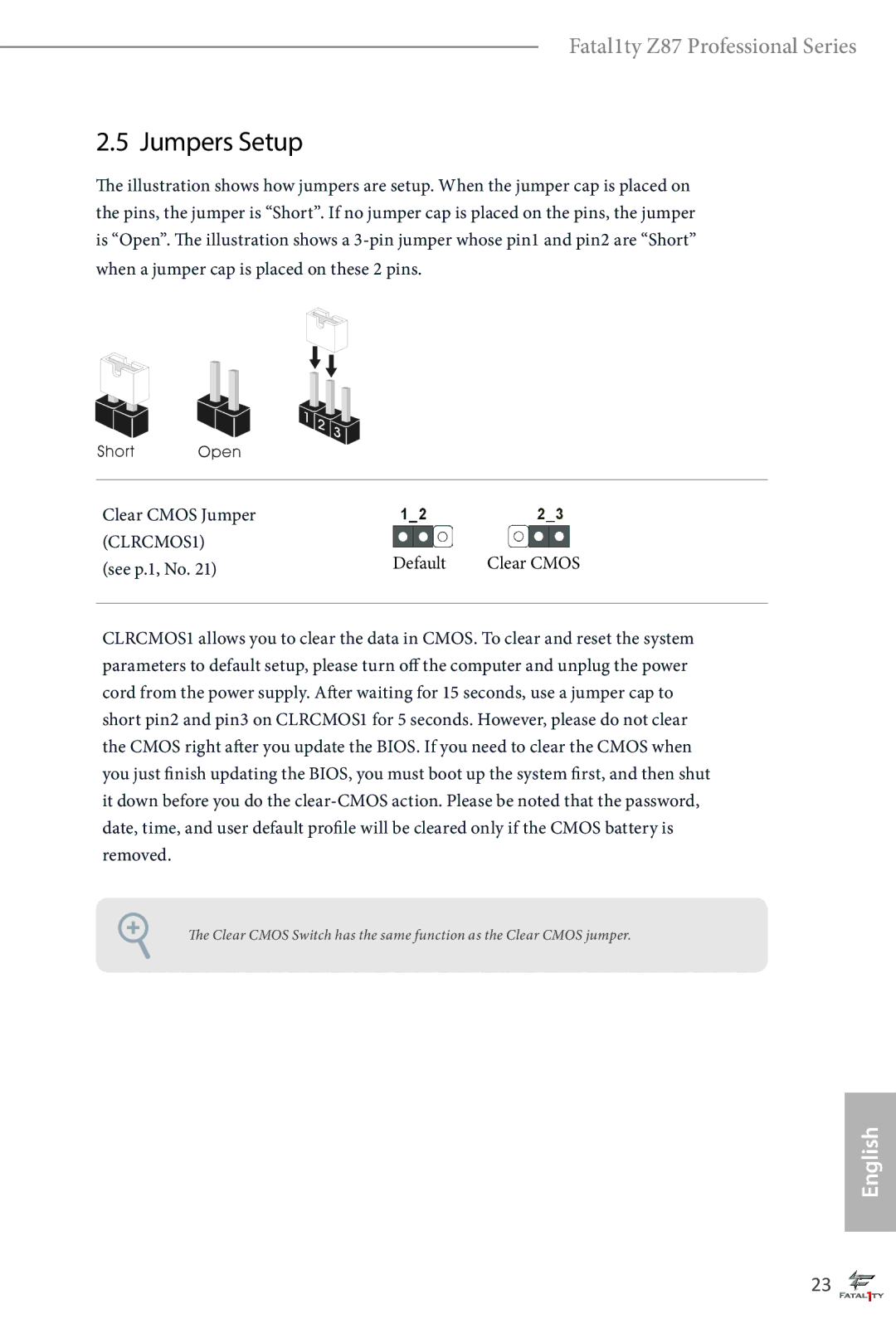 ASRock Fatal1ty Z87 Professional manual Jumpers Setup, CLRCMOS1, Default, See p.1, No 