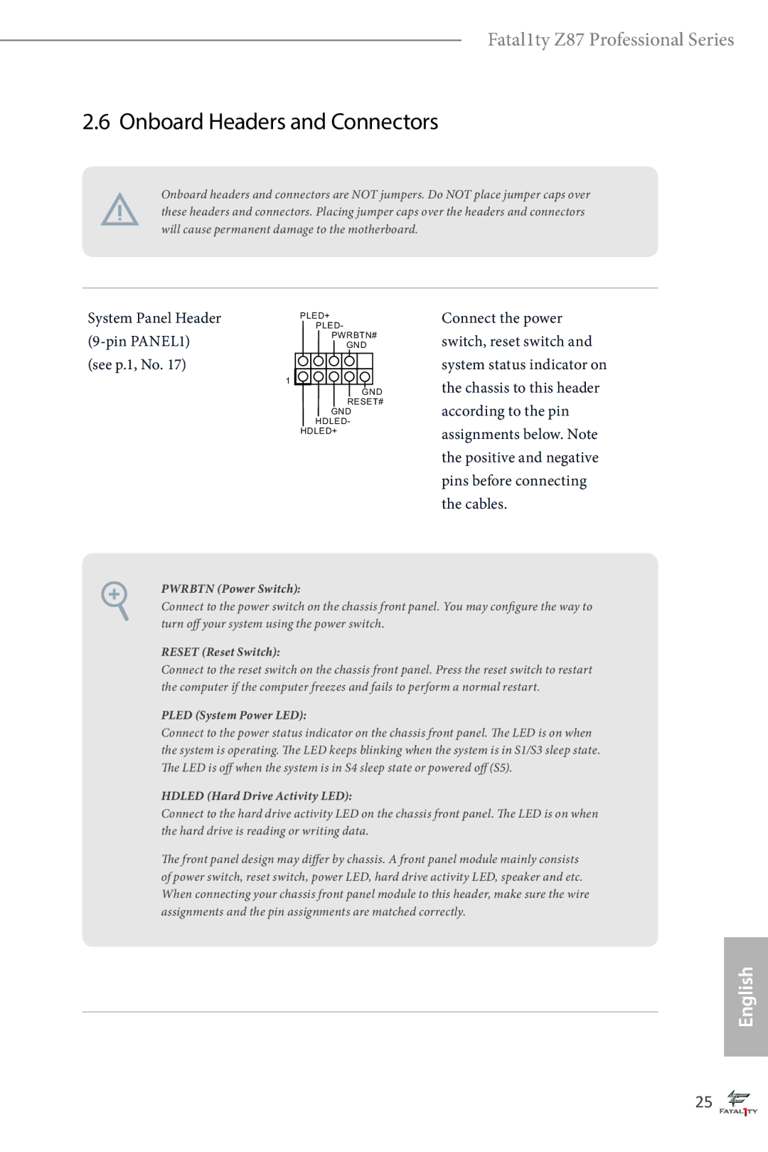 ASRock Fatal1ty Z87 Professional manual Onboard Headers and Connectors, System Panel Header Pin PANEL1 See p.1, No 