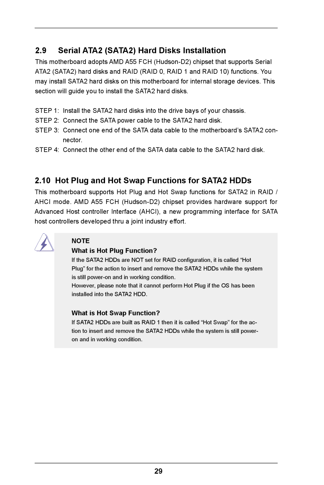 ASRock FM2A55M-DGS R2.0 manual Serial ATA2 SATA2 Hard Disks Installation, Hot Plug and Hot Swap Functions for SATA2 HDDs 
