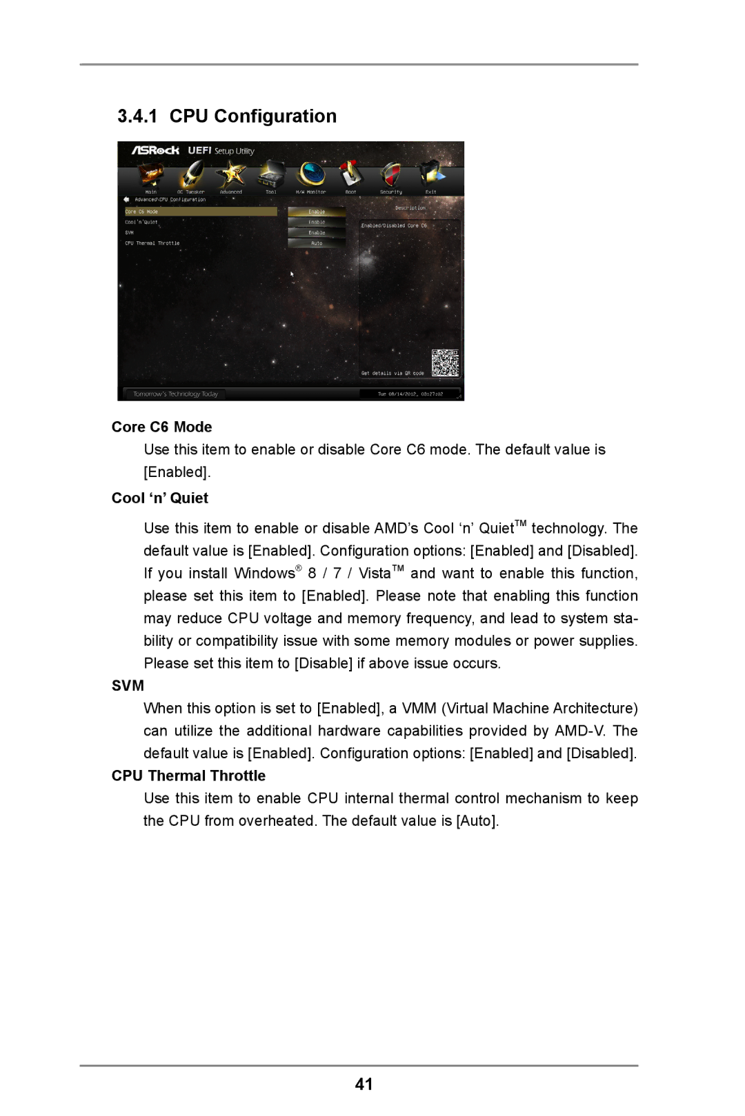 ASRock FM2A55M-DGS R2.0 manual CPU Configuration, Core C6 Mode, Cool ‘n’ Quiet, CPU Thermal Throttle 