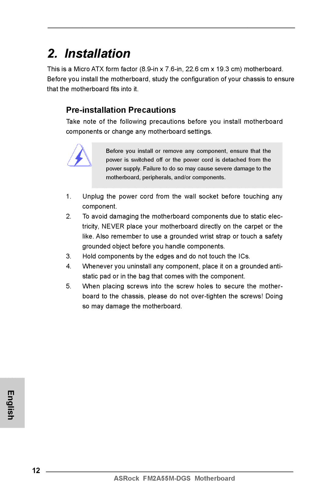 ASRock FM2A55M-DGS manual Installation, Pre-installation Precautions 