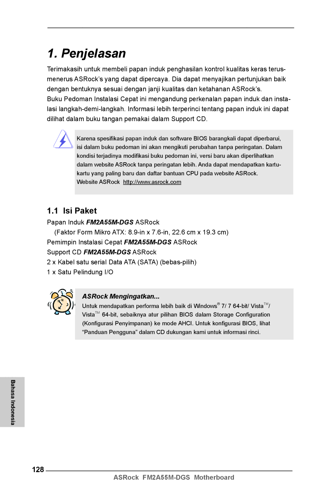 ASRock FM2A55M-DGS manual Penjelasan, Isi Paket, 128, Bahasa Indonesia 