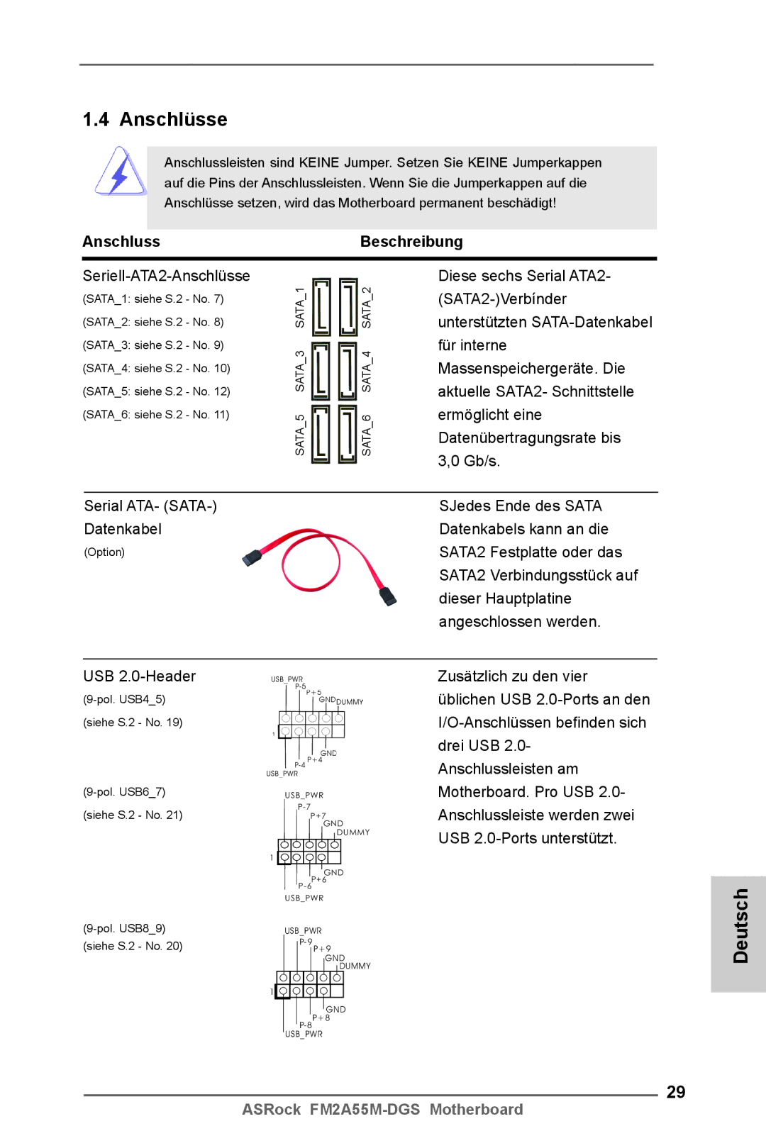 ASRock FM2A55M-DGS manual Anschlüsse, AnschlussBeschreibung 