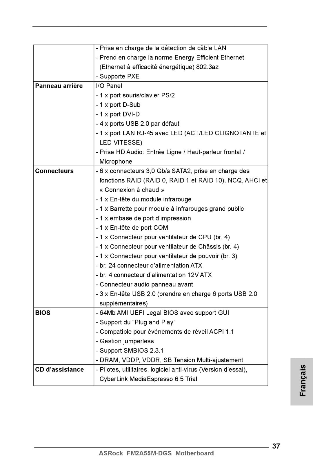 ASRock FM2A55M-DGS manual Panneau arrière, Connecteurs 