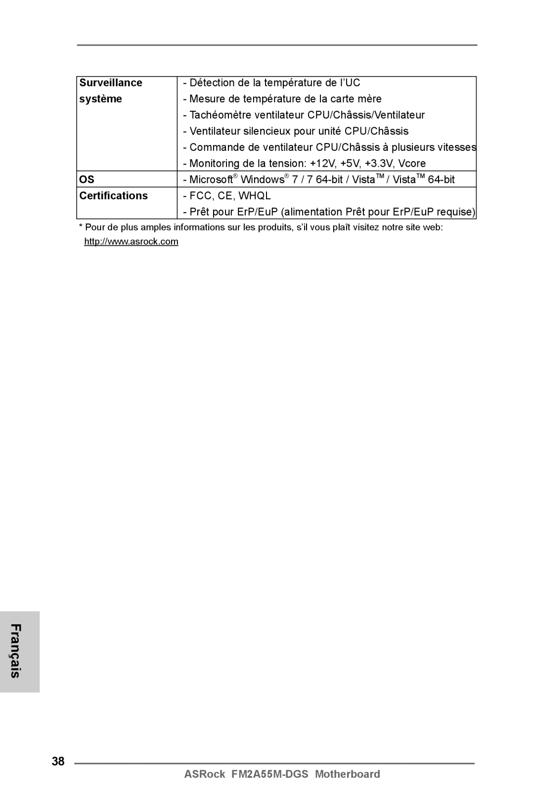 ASRock FM2A55M-DGS manual Surveillance, Système 