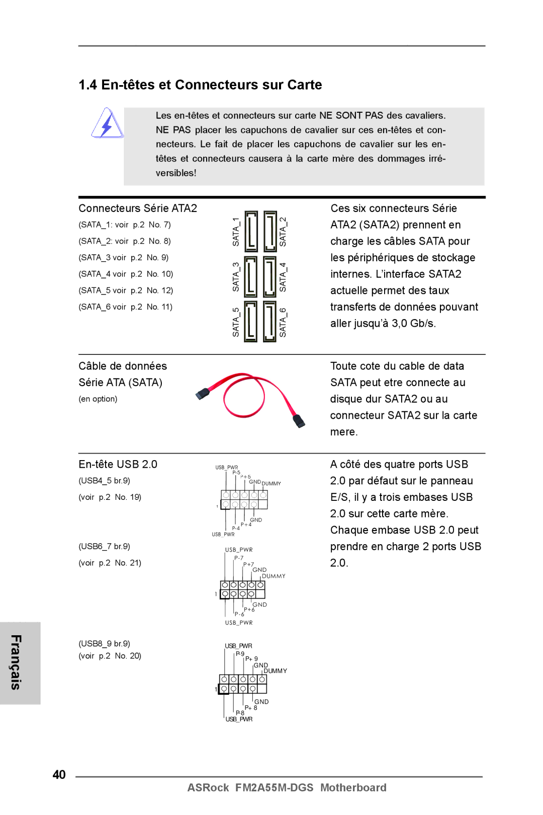 ASRock FM2A55M-DGS manual En-têtes et Connecteurs sur Carte, Connecteurs Série ATA2, En-tête USB 