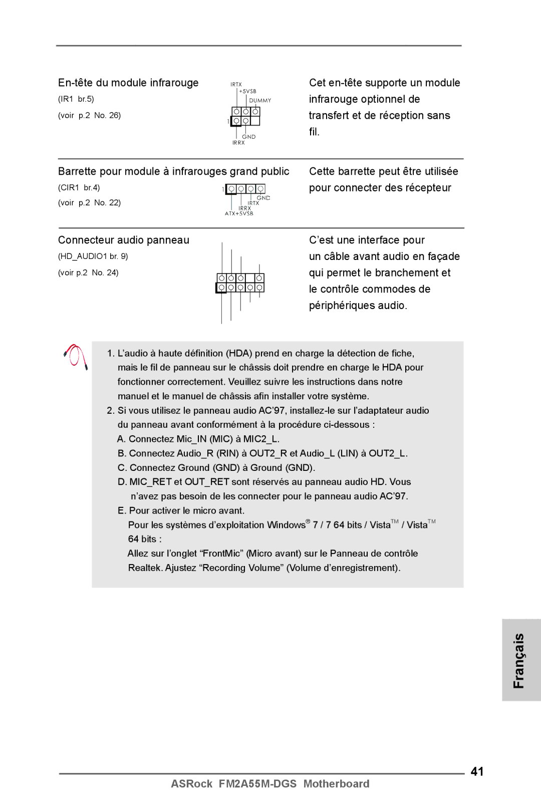 ASRock FM2A55M-DGS manual Pour connecter des récepteur, Connecteur audio panneau 