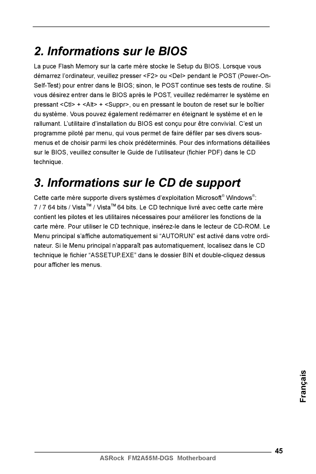 ASRock FM2A55M-DGS manual Informations sur le Bios Informations sur le CD de support 