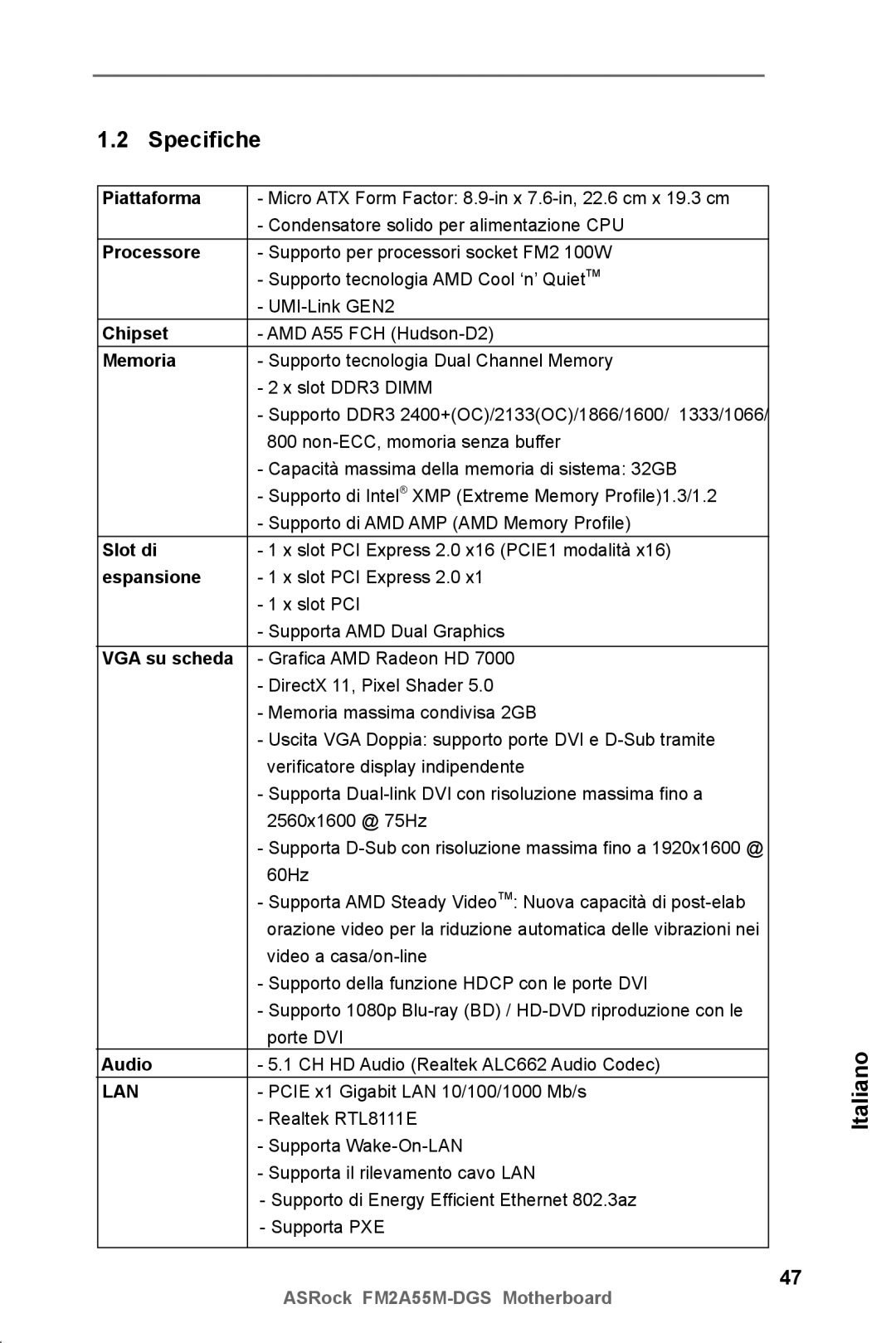 ASRock FM2A55M-DGS manual Specifiche, Piattaforma, Memoria, Slot di, Espansione 