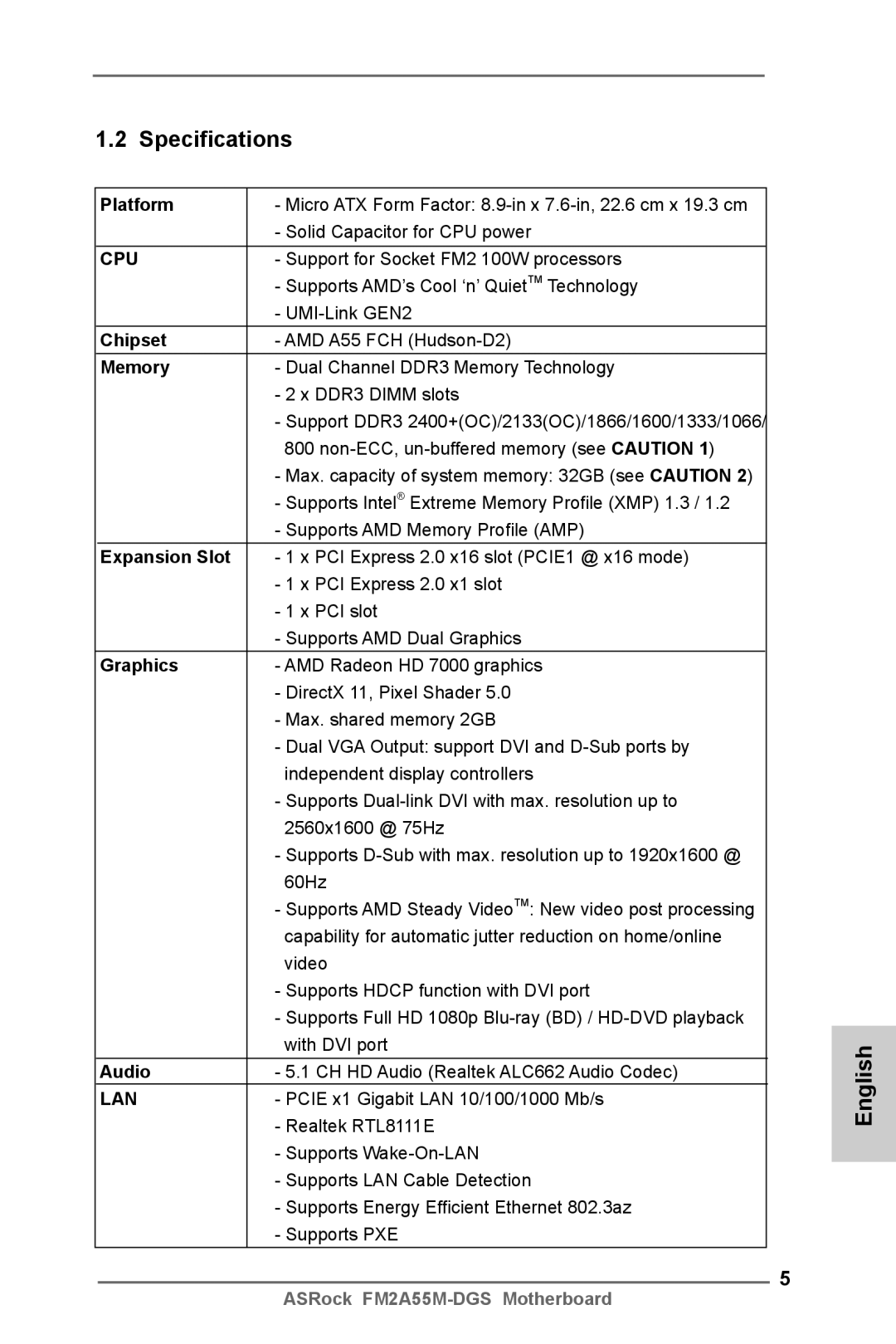 ASRock FM2A55M-DGS manual Specifications 