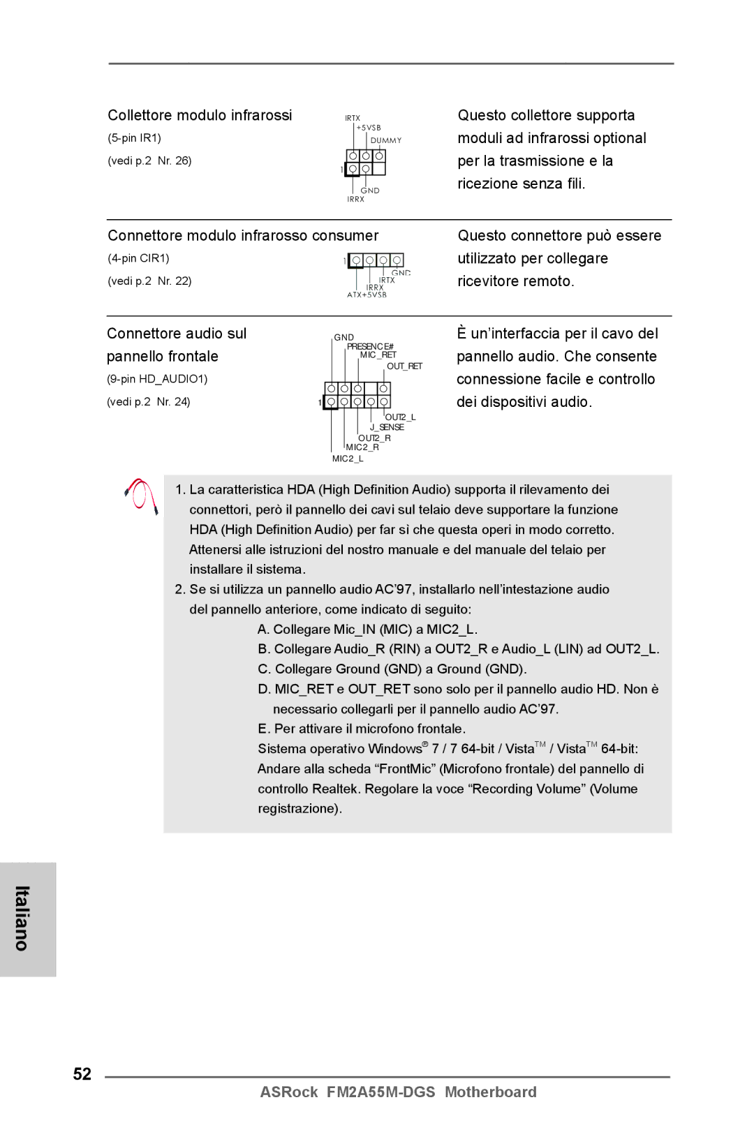 ASRock FM2A55M-DGS manual Utilizzato per collegare, Ricevitore remoto, Connettore audio sul, Pannello frontale 