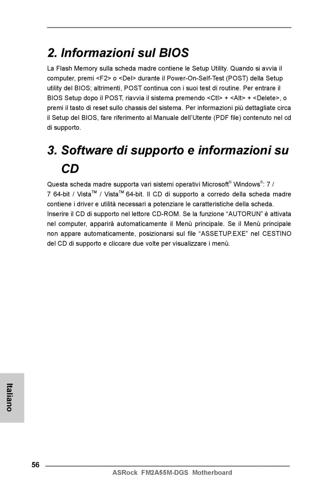 ASRock FM2A55M-DGS manual Informazioni sul Bios Software di supporto e informazioni su 