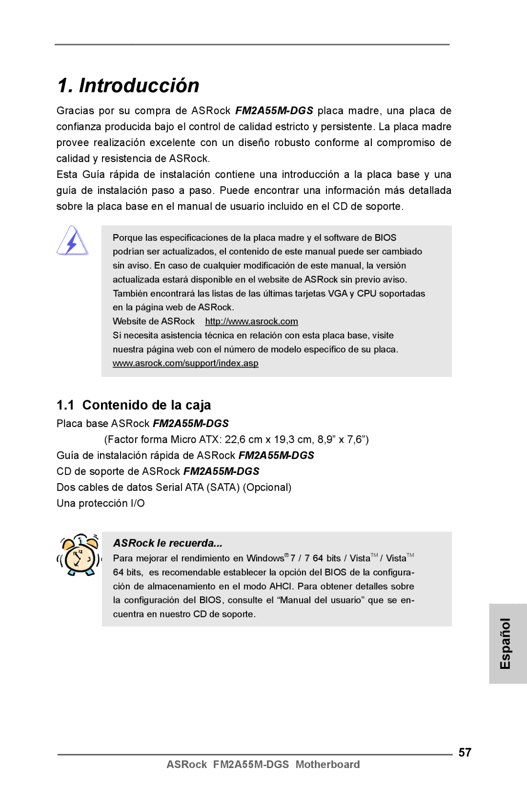 ASRock FM2A55M-DGS manual Introducción, Contenido de la caja, Español 