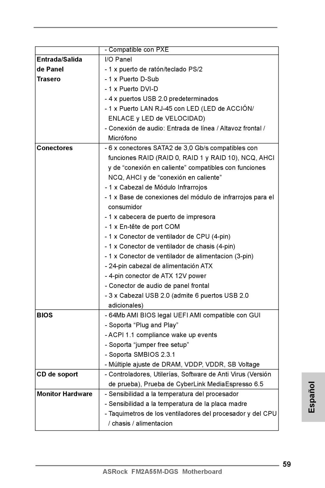 ASRock FM2A55M-DGS manual Entrada/Salida, De Panel, Trasero, Conectores, CD de soport, Monitor Hardware 