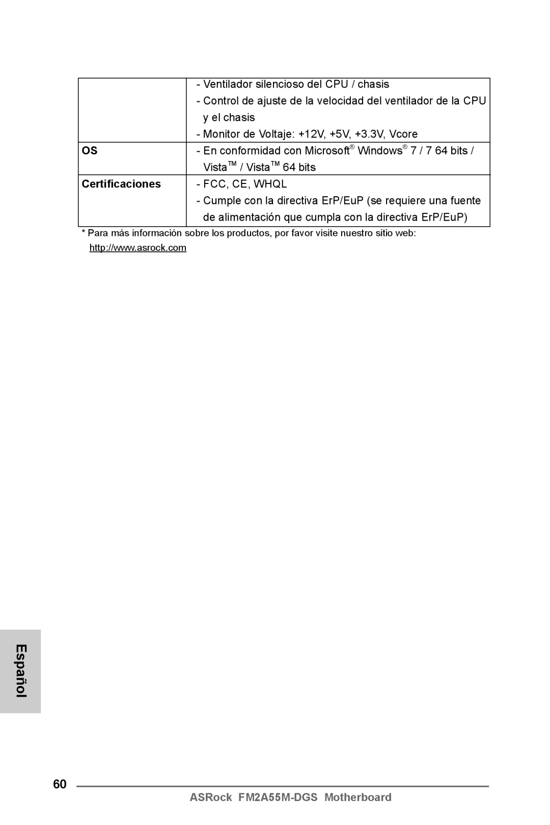 ASRock FM2A55M-DGS manual Certificaciones 