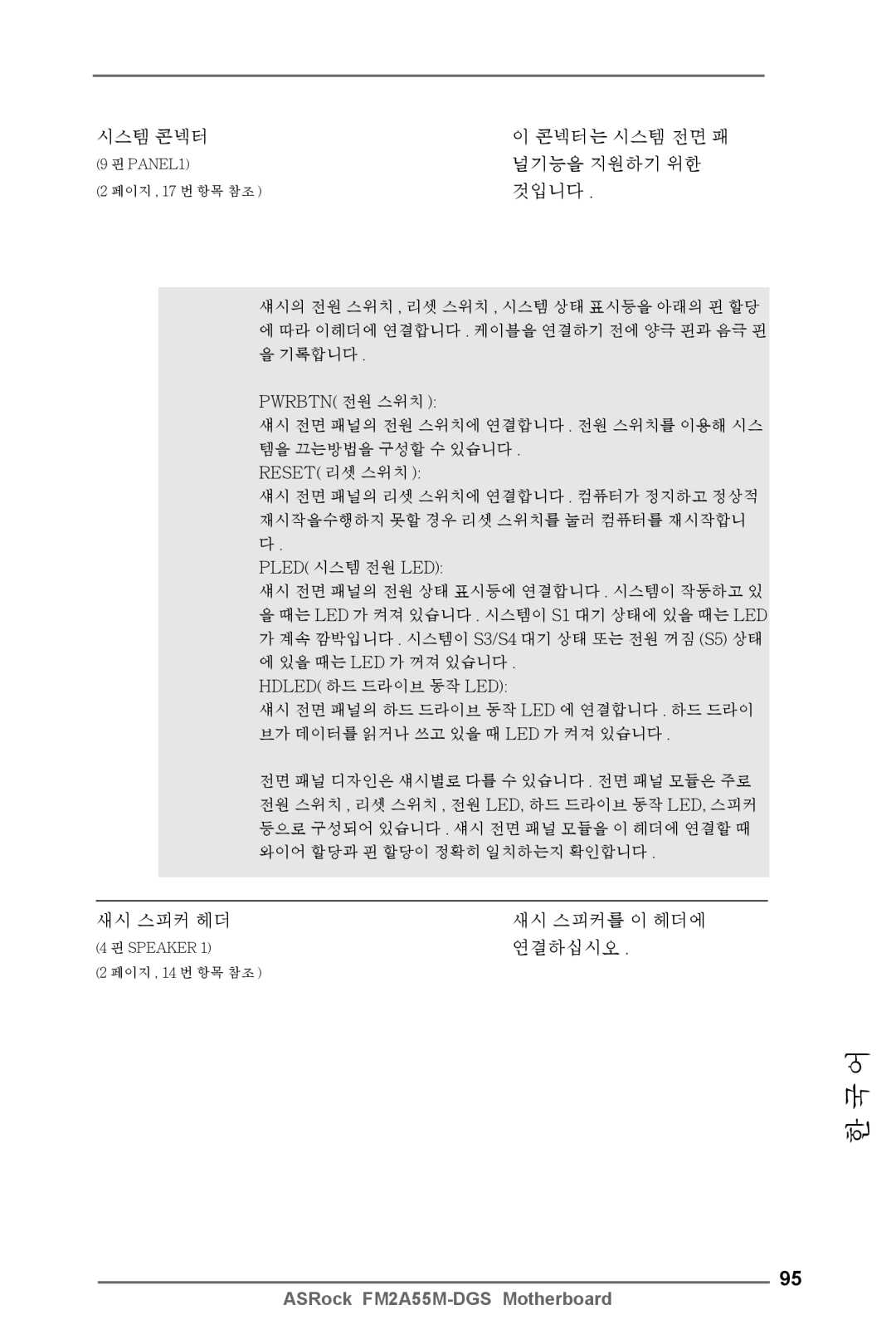 ASRock FM2A55M-DGS manual 시스템 콘넥터, 널기능을 지원하기 위한, 것입니다, 새시 스피커 헤더, 연결하십시오 