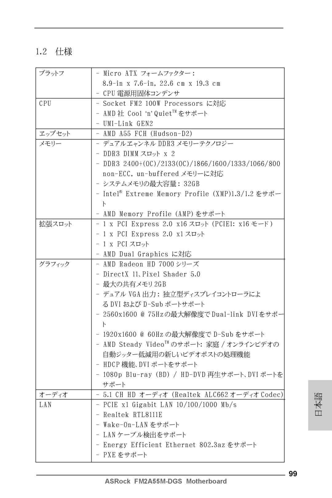 ASRock FM2A55M-DGS Micro ATX フォームファクター, X 7.6-in, 22.6 cm x 19.3 cm, Socket FM2 100W Processors に対応, DDR3 Dimm スロット x 