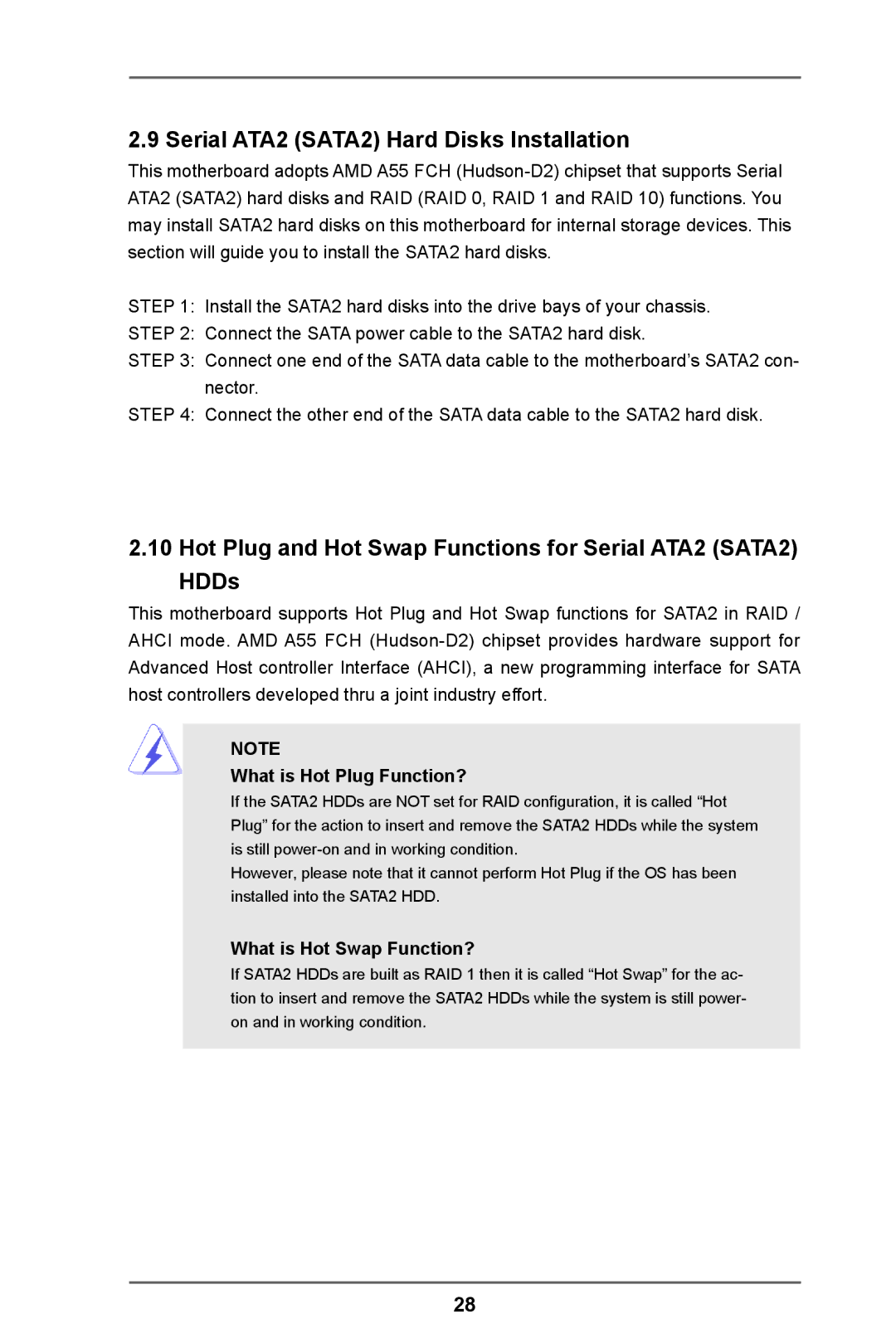 ASRock FM2A55M-VG3 Serial ATA2 SATA2 Hard Disks Installation, Hot Plug and Hot Swap Functions for Serial ATA2 SATA2 HDDs 